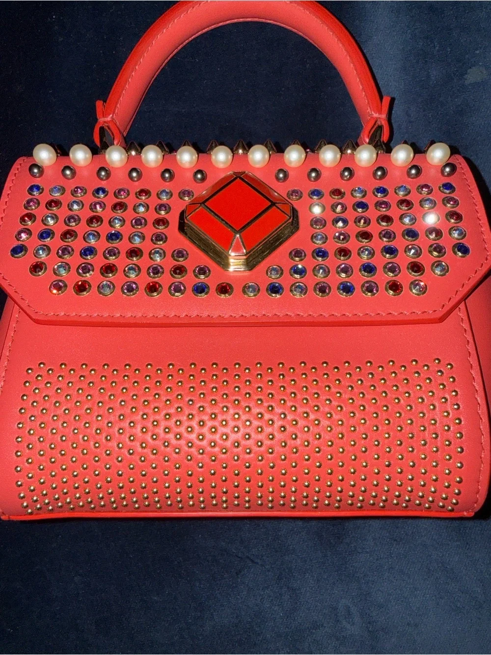 Elie Saab Coral Studded Crossbody Top-Handle Bag with Gold Chain